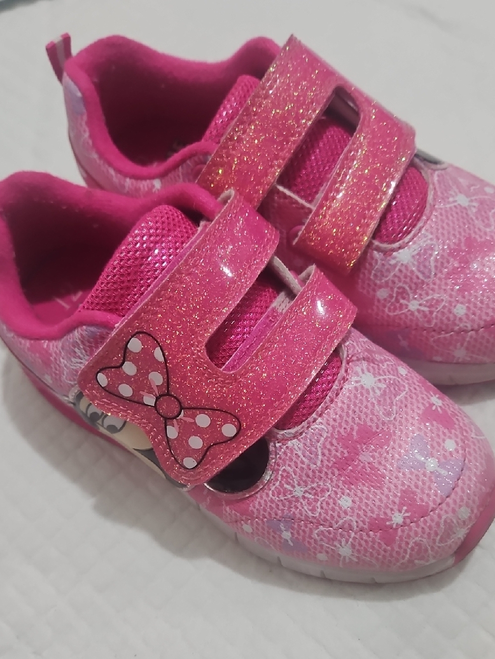 Disney Minnie Mouse Girls' Pink Glitter Bow Hook-&-Loop Kids' Sneakers Sz 12